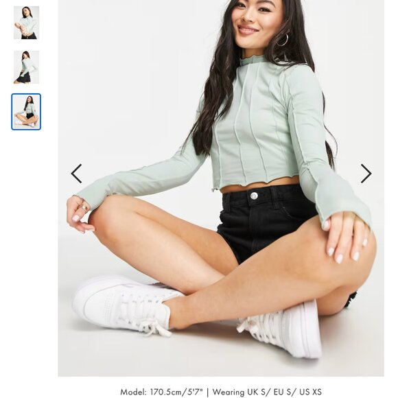 seam ribbed detail long sleeve crop top in sage green - Picture 4 of 8